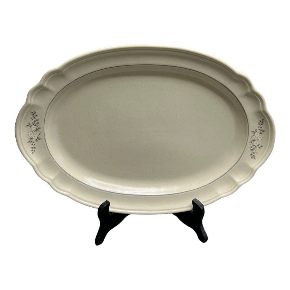 Pfaltzgraff Heirloom Oval Serving Floral Gray White Platter 14.50 Inch  Made USA